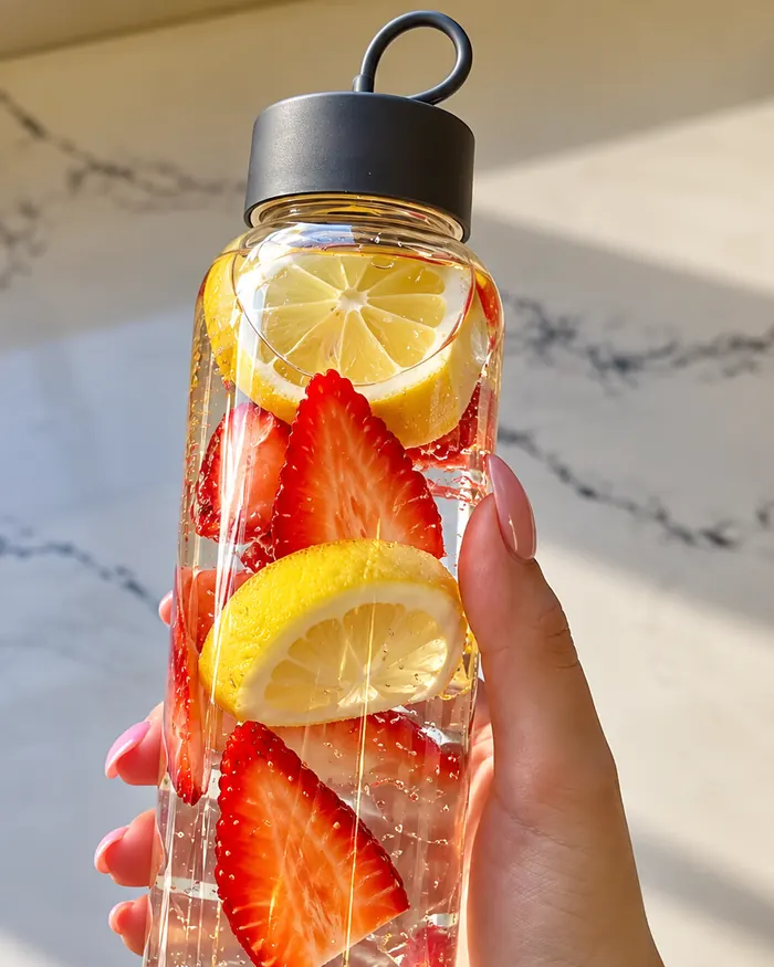 Botella de agua saborizada con limón y fresas