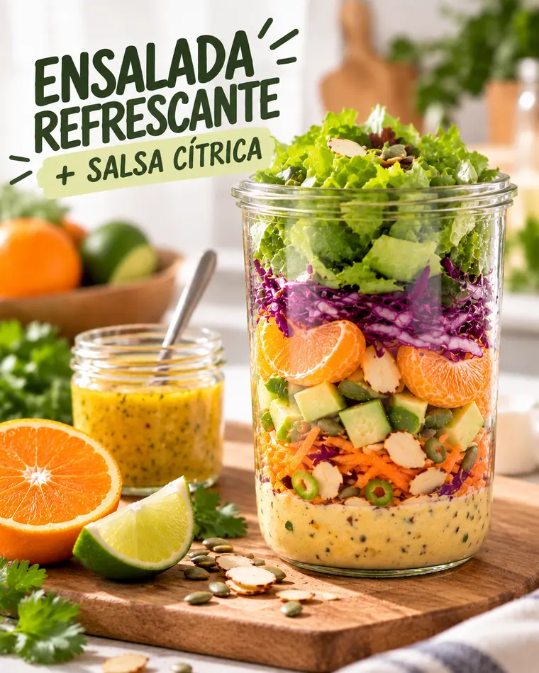 Ensalada refrescante en frasco con salsa cítrica