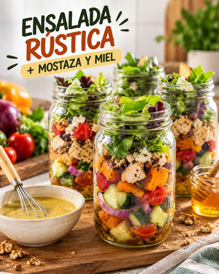 Ensalada rústica en frasco con mostaza y miel