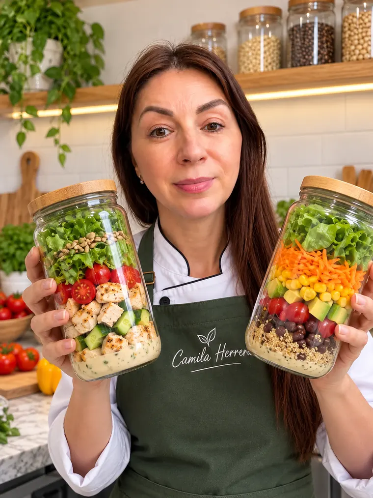Camila Herrera sosteniendo dos frascos de ensalada