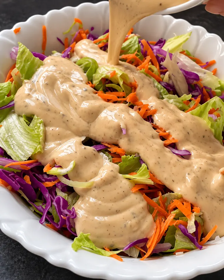 Salsa cremosa cayendo sobre la ensalada