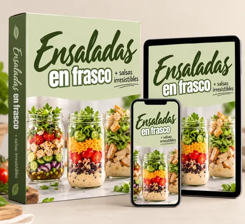 Ensaladas en frasco + salsas irresistibles en libro, tablet y celular