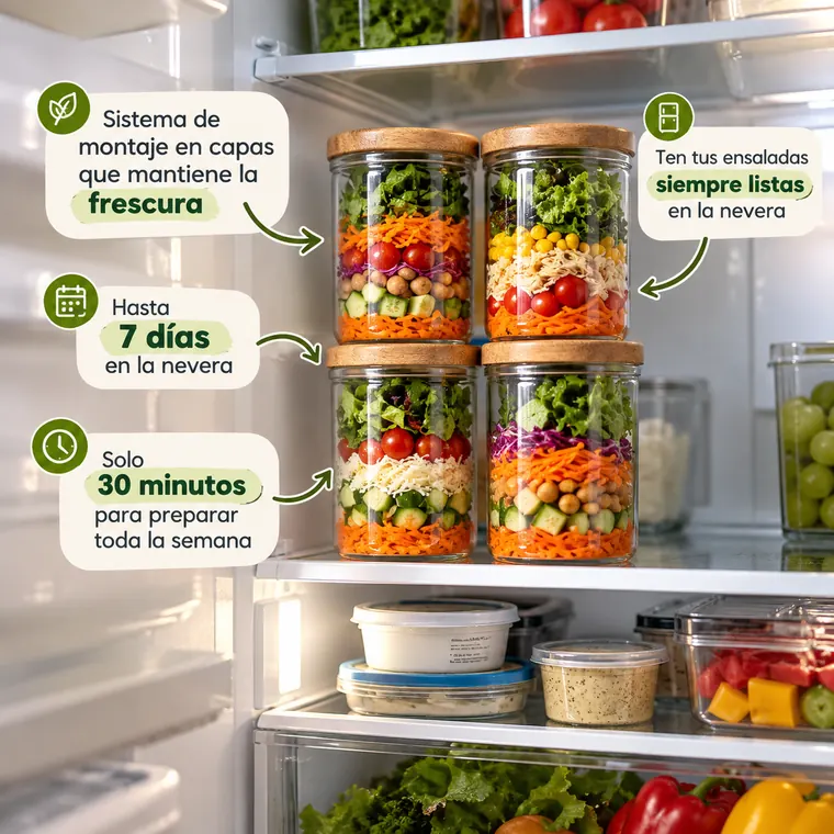Refrigerador con frascos de ensalada: montaje en capas que mantiene la frescura, hasta 7 días en la nevera, solo 30 minutos para preparar toda la semana